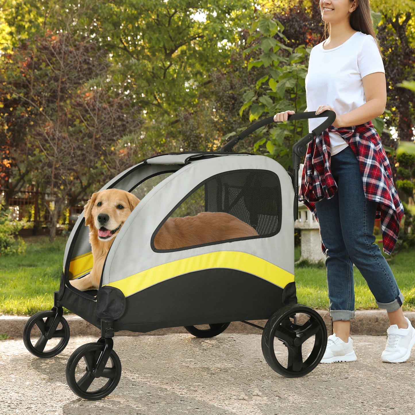 Portable 4-Wheel Dog Stroller – Foldable Pet Carriage for Large Dogs & Cats