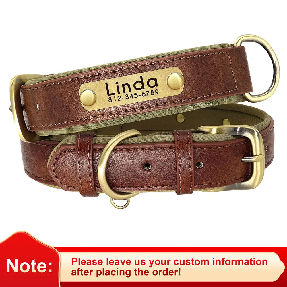 Customized PU Leather Dog Collar – Soft Padded Adjustable Collar with Free Nameplate Engraving for Small, Medium & Large Dogs