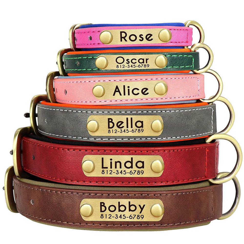 Customized PU Leather Dog Collar – Soft Padded Adjustable Collar with Free Nameplate Engraving for Small, Medium & Large Dogs