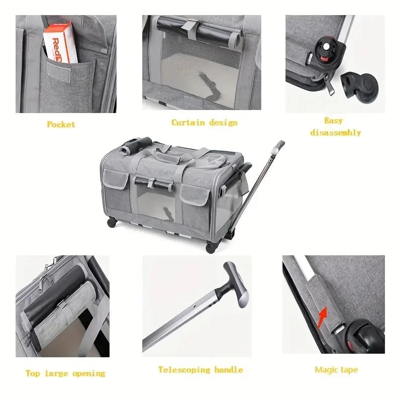 Extra Large Foldable Pet Trolley Case – Detachable Dog & Cat Travel Carrier Bag with Wheels