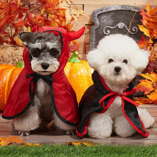 Funny Devil Horn Halloween Costume for Dogs – Red/Black/Orange Cloak with Bow Hat