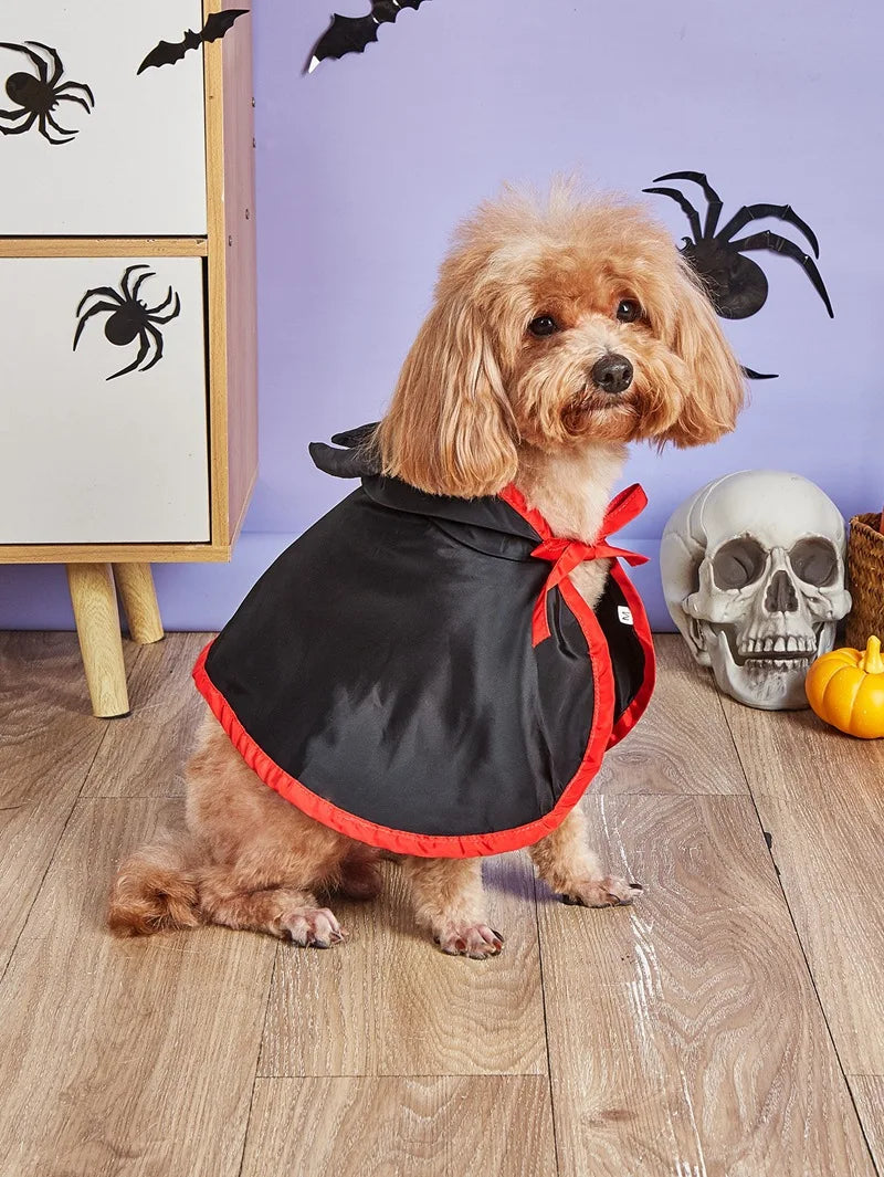 Funny Devil Horn Halloween Costume for Dogs – Red/Black/Orange Cloak with Bow Hat