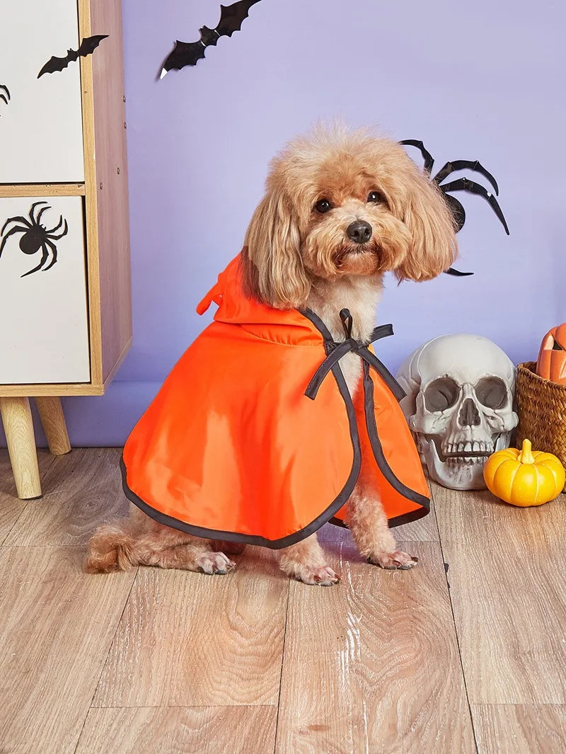 Funny Devil Horn Halloween Costume for Dogs – Red/Black/Orange Cloak with Bow Hat