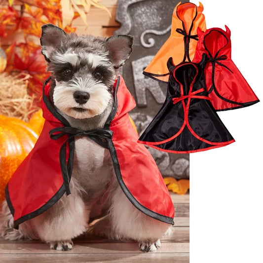 Funny Devil Horn Halloween Costume for Dogs – Red/Black/Orange Cloak with Bow Hat