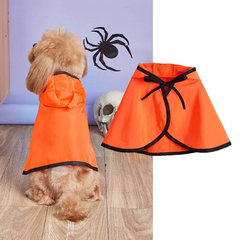 Funny Devil Horn Halloween Costume for Dogs – Red/Black/Orange Cloak with Bow Hat