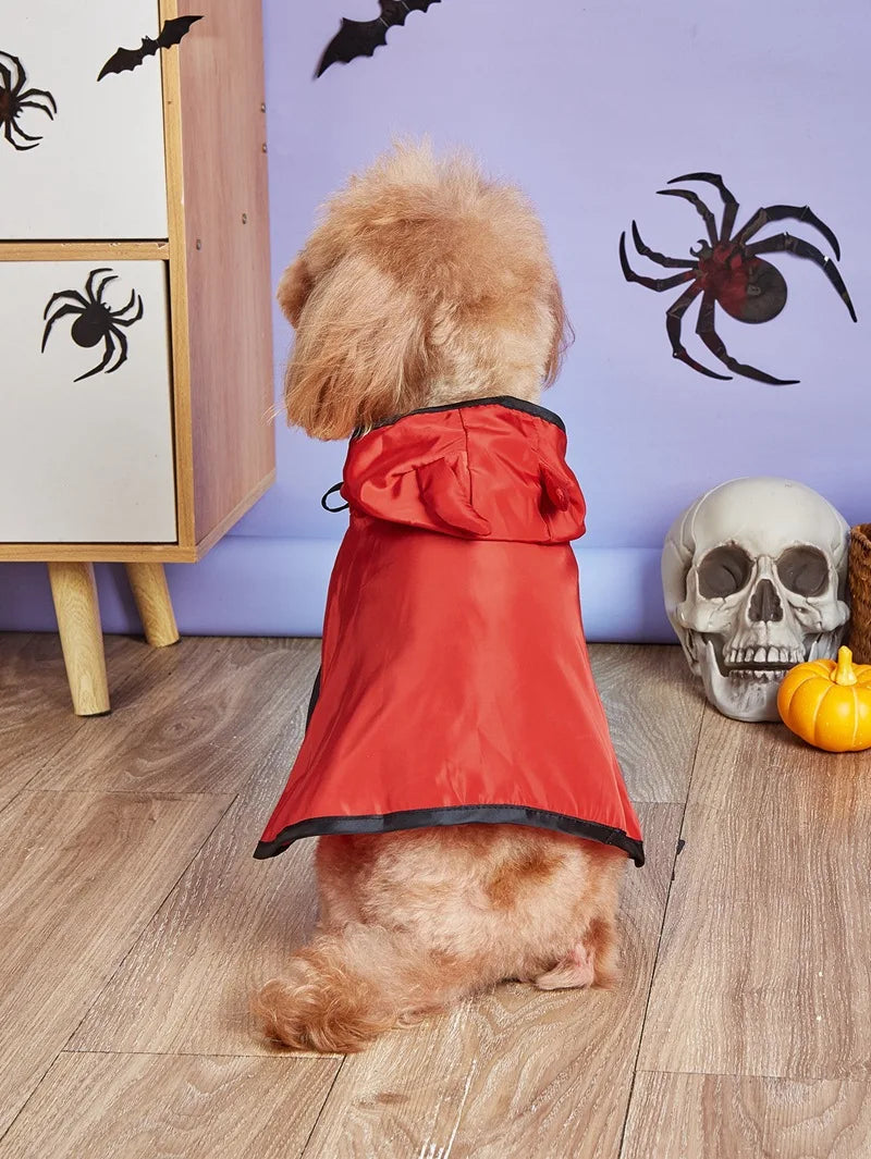 Funny Devil Horn Halloween Costume for Dogs – Red/Black/Orange Cloak with Bow Hat