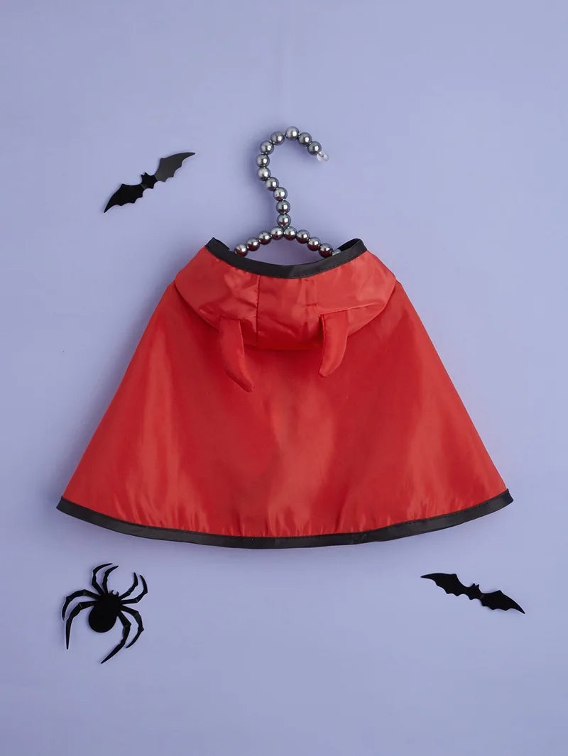 Funny Devil Horn Halloween Costume for Dogs – Red/Black/Orange Cloak with Bow Hat