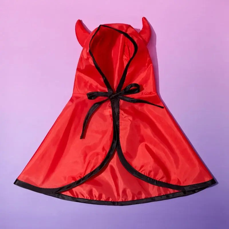 Funny Devil Horn Halloween Costume for Dogs – Red/Black/Orange Cloak with Bow Hat