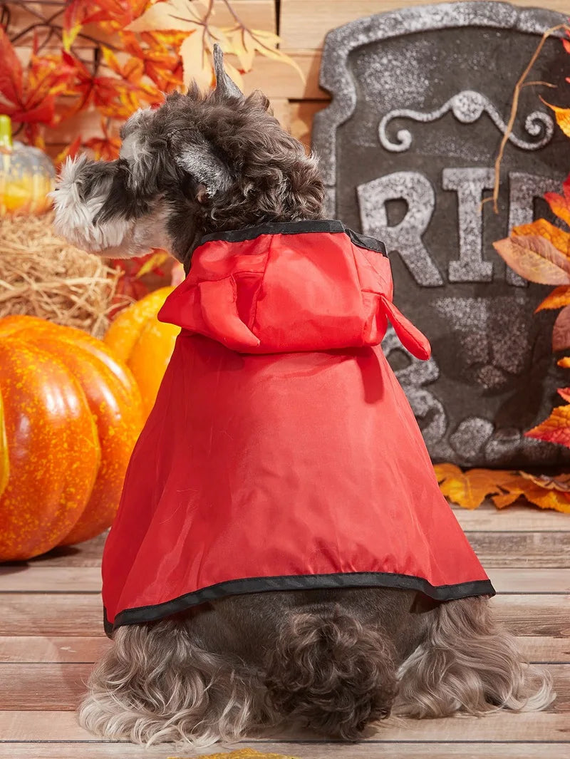 Funny Devil Horn Halloween Costume for Dogs – Red/Black/Orange Cloak with Bow Hat