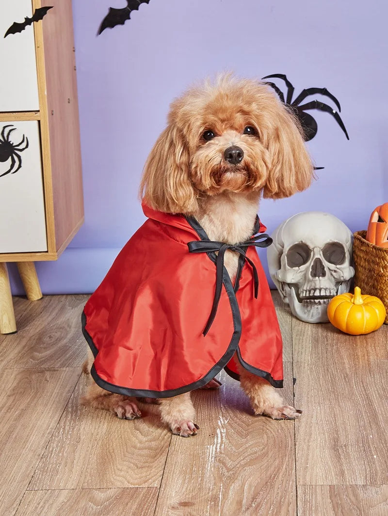 Funny Devil Horn Halloween Costume for Dogs – Red/Black/Orange Cloak with Bow Hat