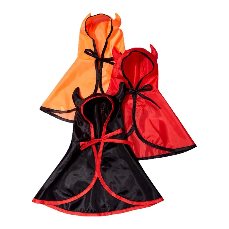 Funny Devil Horn Halloween Costume for Dogs – Red/Black/Orange Cloak with Bow Hat
