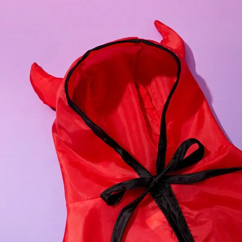 Funny Devil Horn Halloween Costume for Dogs – Red/Black/Orange Cloak with Bow Hat