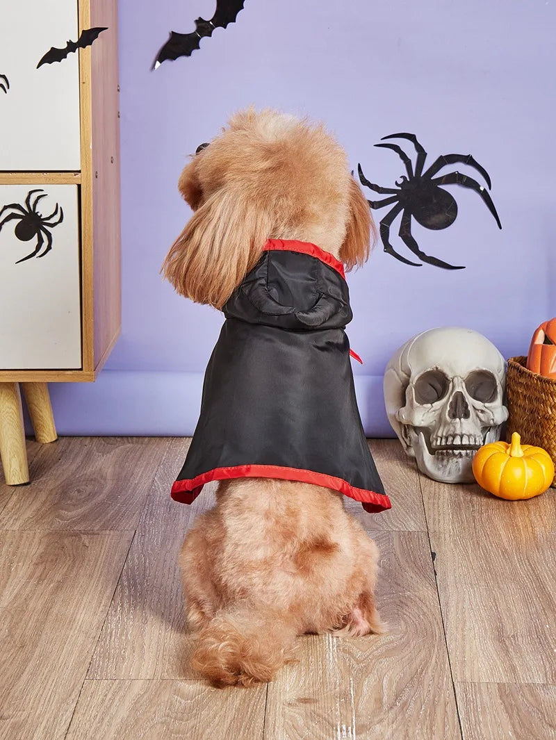 Funny Devil Horn Halloween Costume for Dogs – Red/Black/Orange Cloak with Bow Hat