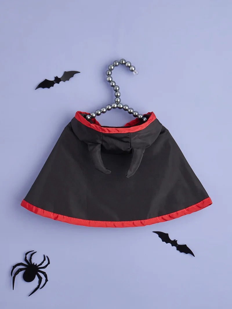 Funny Devil Horn Halloween Costume for Dogs – Red/Black/Orange Cloak with Bow Hat