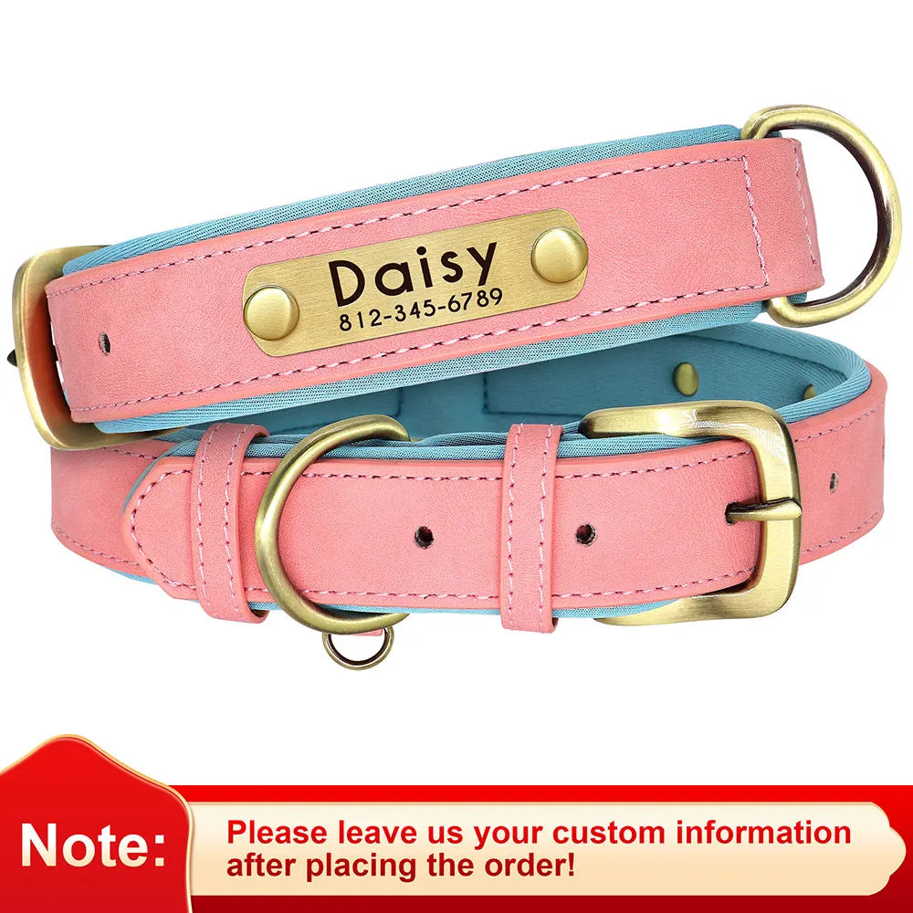 Customized PU Leather Dog Collar – Soft Padded Adjustable Collar with Free Nameplate Engraving for Small, Medium & Large Dogs