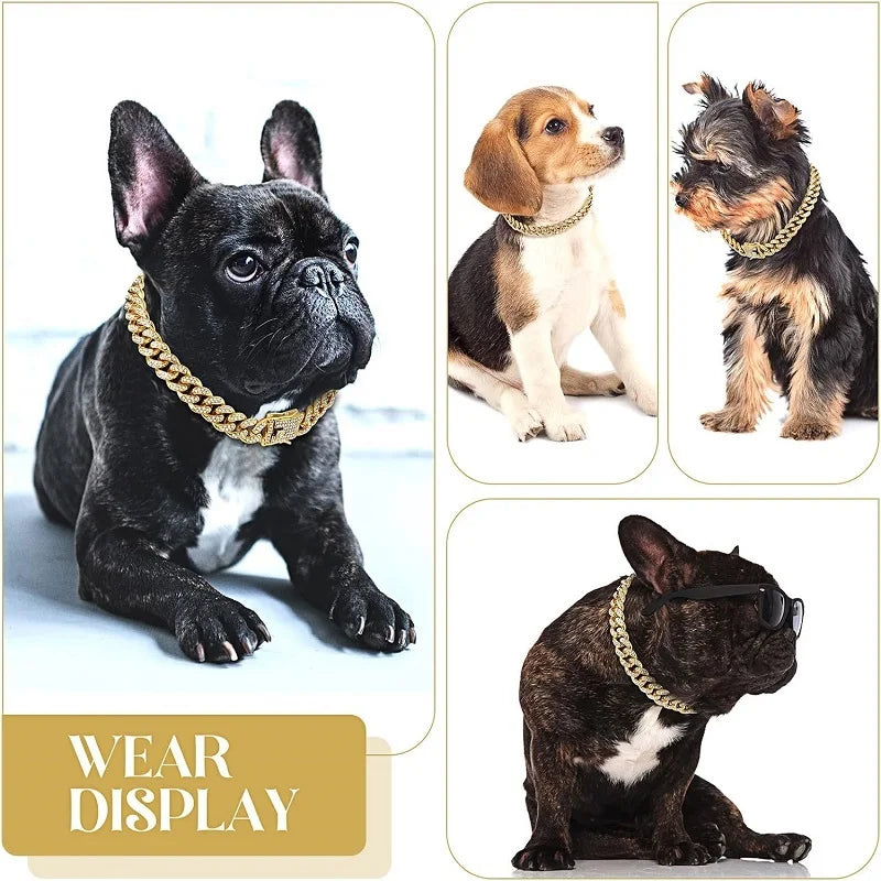 Luxury Gold Dog & Cat Chain Collar – Jeweled Metal Pet Necklace for Small, Medium & Large Pets