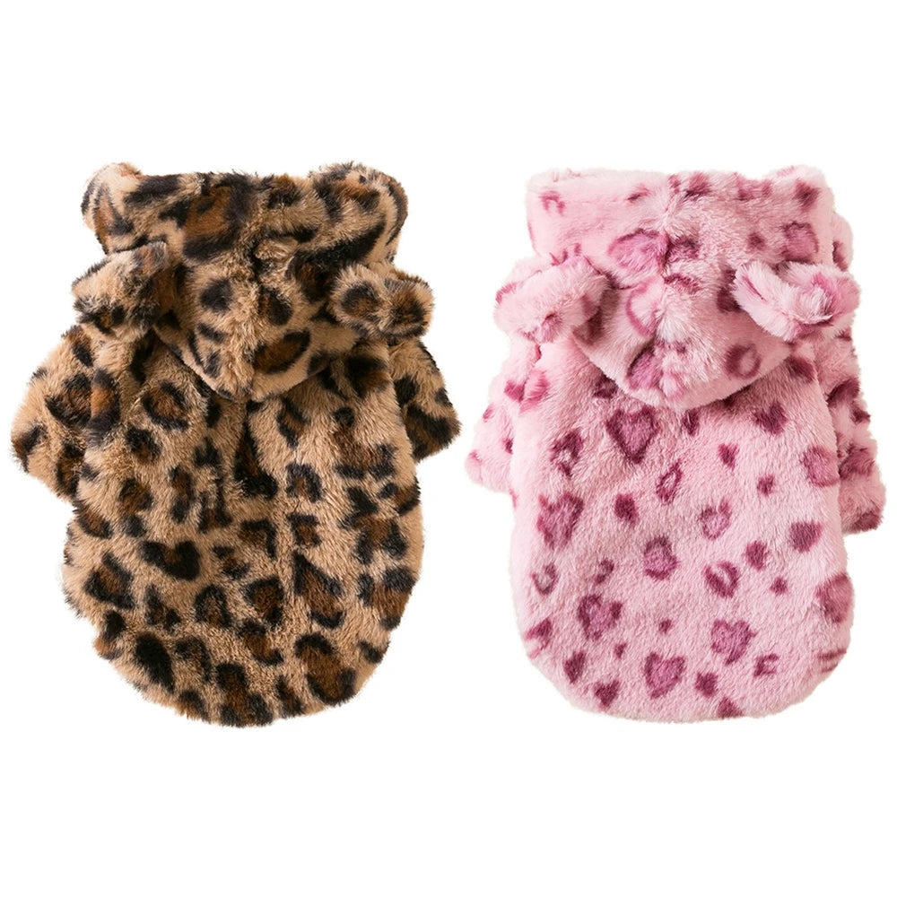 Winter Warm Fleece Dog Hoodie | Leopard Print Coat for Small Dogs – French Bulldog, Chihuahua, Yorkie
