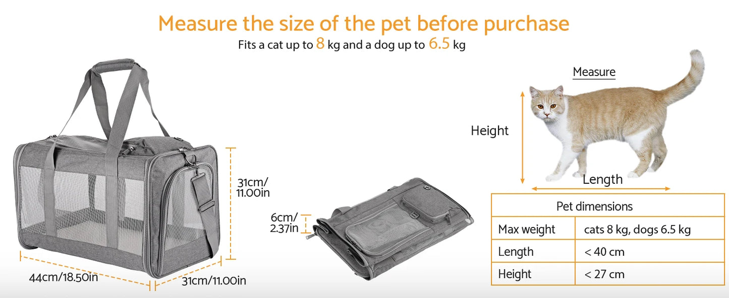 Airline Approved Pet Carrier – Soft Travel Bag for Cats & Dogs with Breathable Honeycomb Design and Removable Support Board