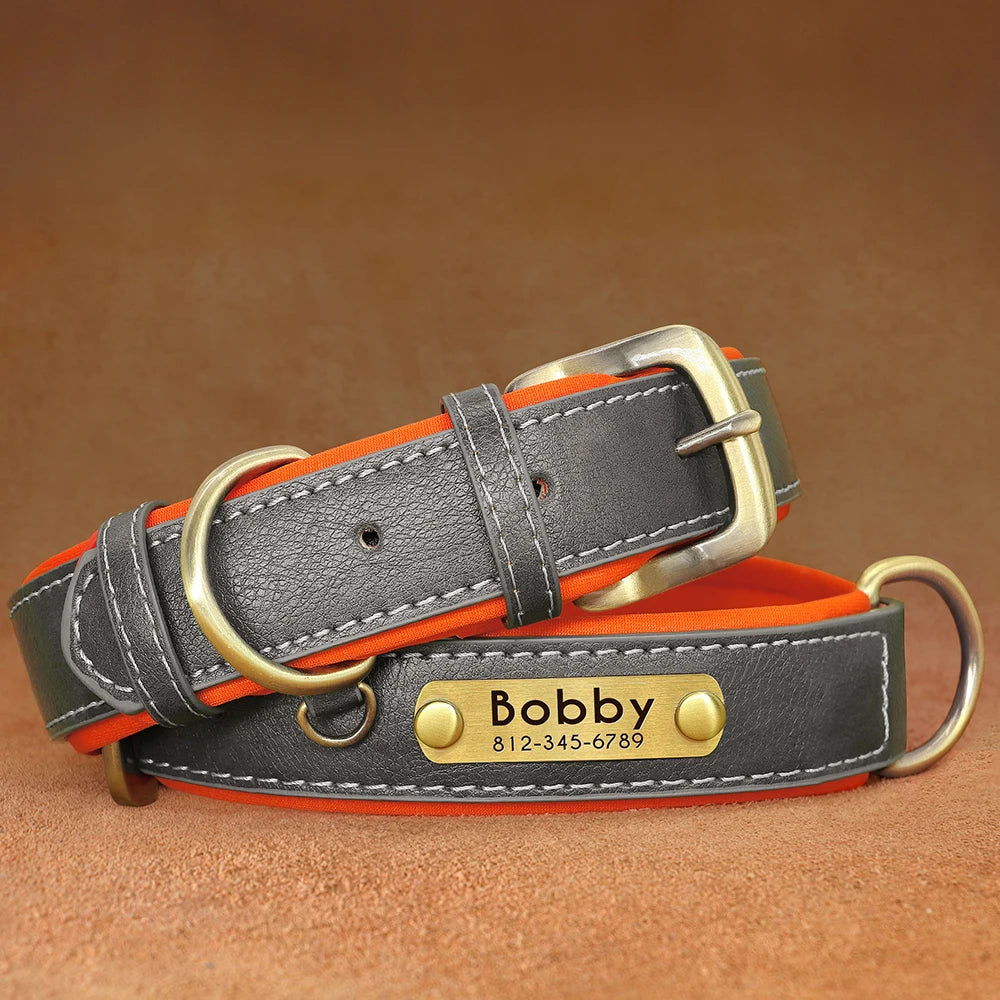 Customized PU Leather Dog Collar – Soft Padded Adjustable Collar with Free Nameplate Engraving for Small, Medium & Large Dogs