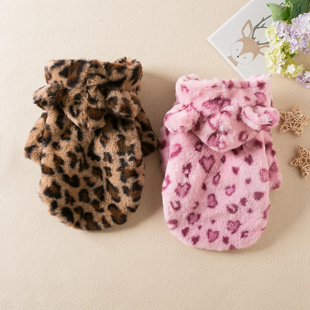Winter Warm Fleece Dog Hoodie | Leopard Print Coat for Small Dogs – French Bulldog, Chihuahua, Yorkie