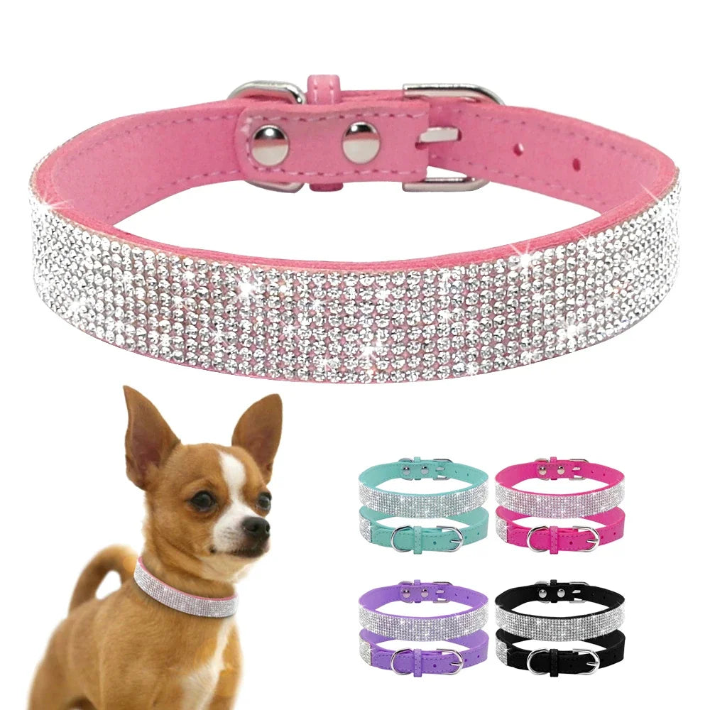 Crystal Rhinestone Dog Collar – Sparkling Leather Collar with Zinc Alloy Buckle for Small & Medium Dogs and Cats