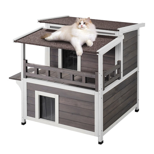SucceBuy 2-Story Outdoor Cat House with Balcony and Weatherproof Roof