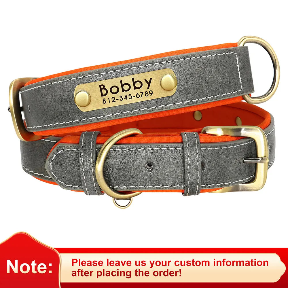 Customized PU Leather Dog Collar – Soft Padded Adjustable Collar with Free Nameplate Engraving for Small, Medium & Large Dogs
