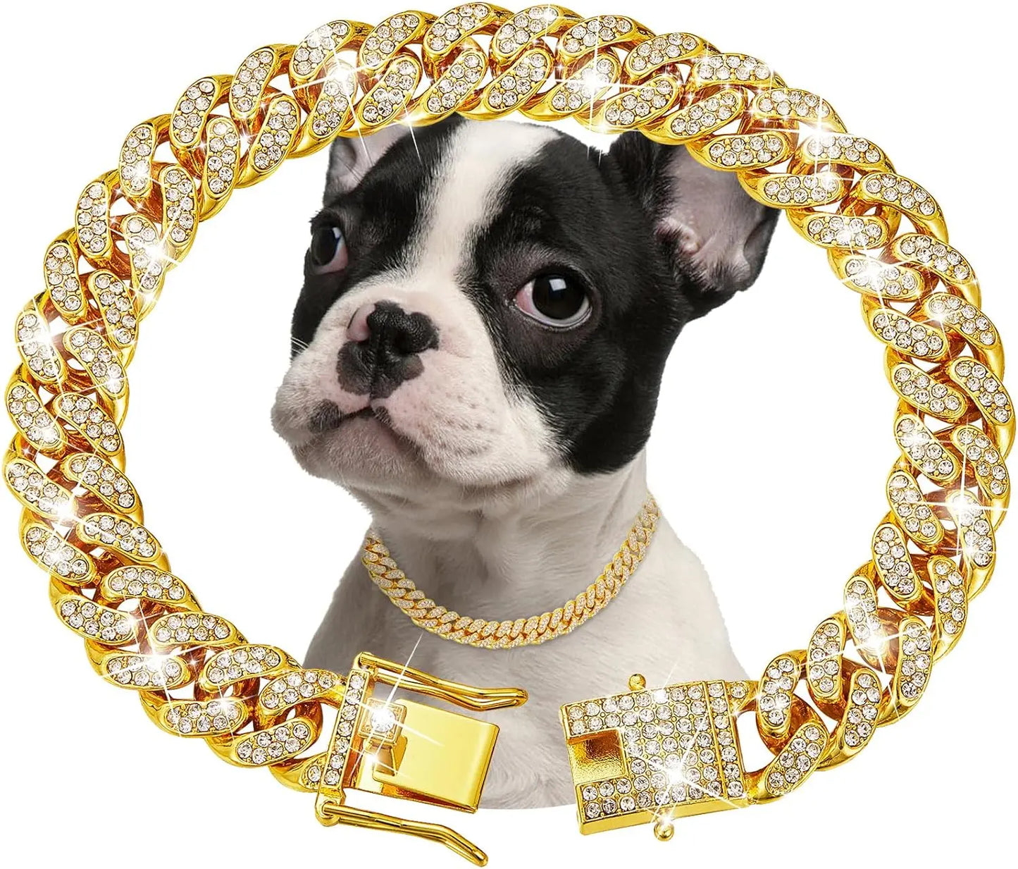 Luxury Gold Dog & Cat Chain Collar – Jeweled Metal Pet Necklace for Small, Medium & Large Pets