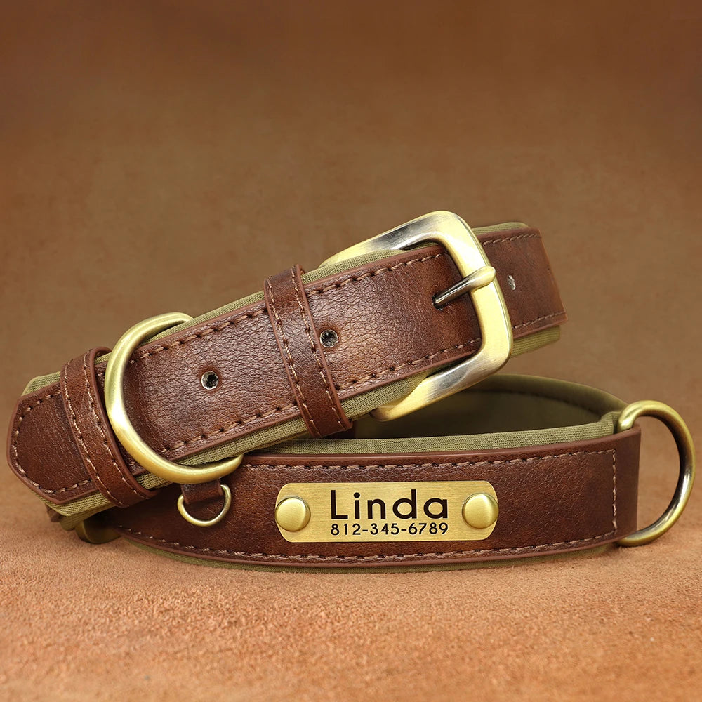 Customized PU Leather Dog Collar – Soft Padded Adjustable Collar with Free Nameplate Engraving for Small, Medium & Large Dogs