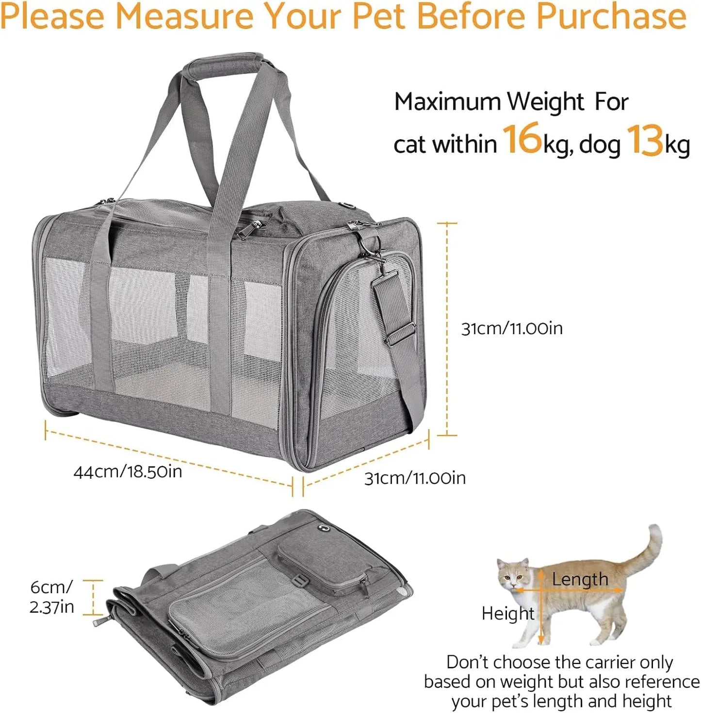 Airline Approved Pet Carrier – Soft Travel Bag for Cats & Dogs with Breathable Honeycomb Design and Removable Support Board