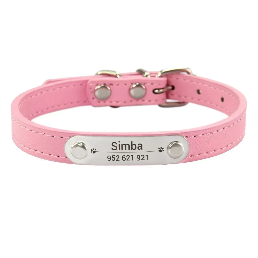 Personalized PU Leather Dog Collar – Custom Engraved ID Anti-Lost Collar for Small, Medium & Large Dogs and Cats (Pink)
