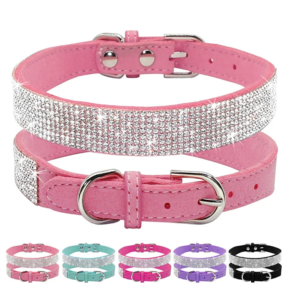 Crystal Rhinestone Dog Collar – Sparkling Leather Collar with Zinc Alloy Buckle for Small & Medium Dogs and Cats