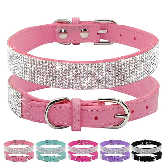Crystal Rhinestone Dog Collar – Sparkling Leather Collar with Zinc Alloy Buckle for Small & Medium Dogs and Cats