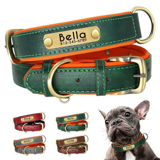 Customized PU Leather Dog Collar – Soft Padded Adjustable Collar with Free Nameplate Engraving for Small, Medium & Large Dogs