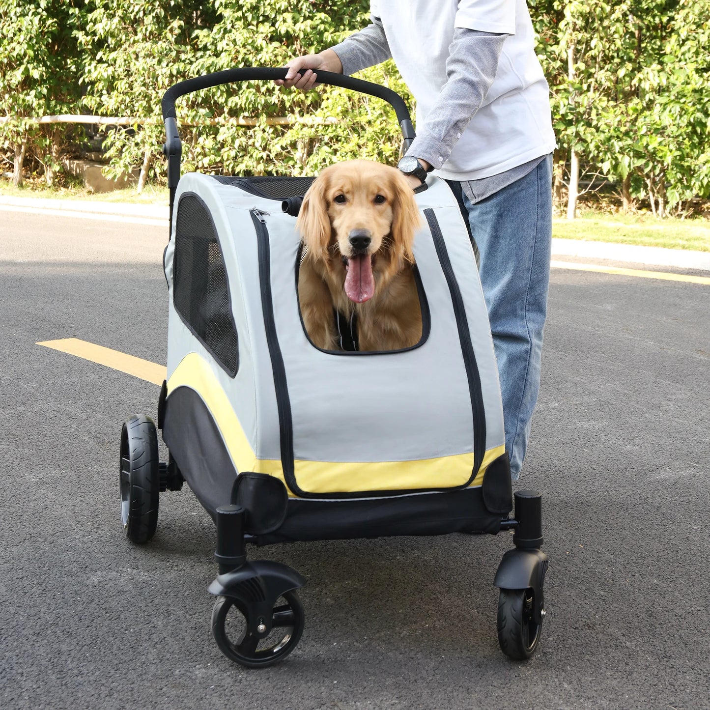 Portable 4-Wheel Dog Stroller – Foldable Pet Carriage for Large Dogs & Cats