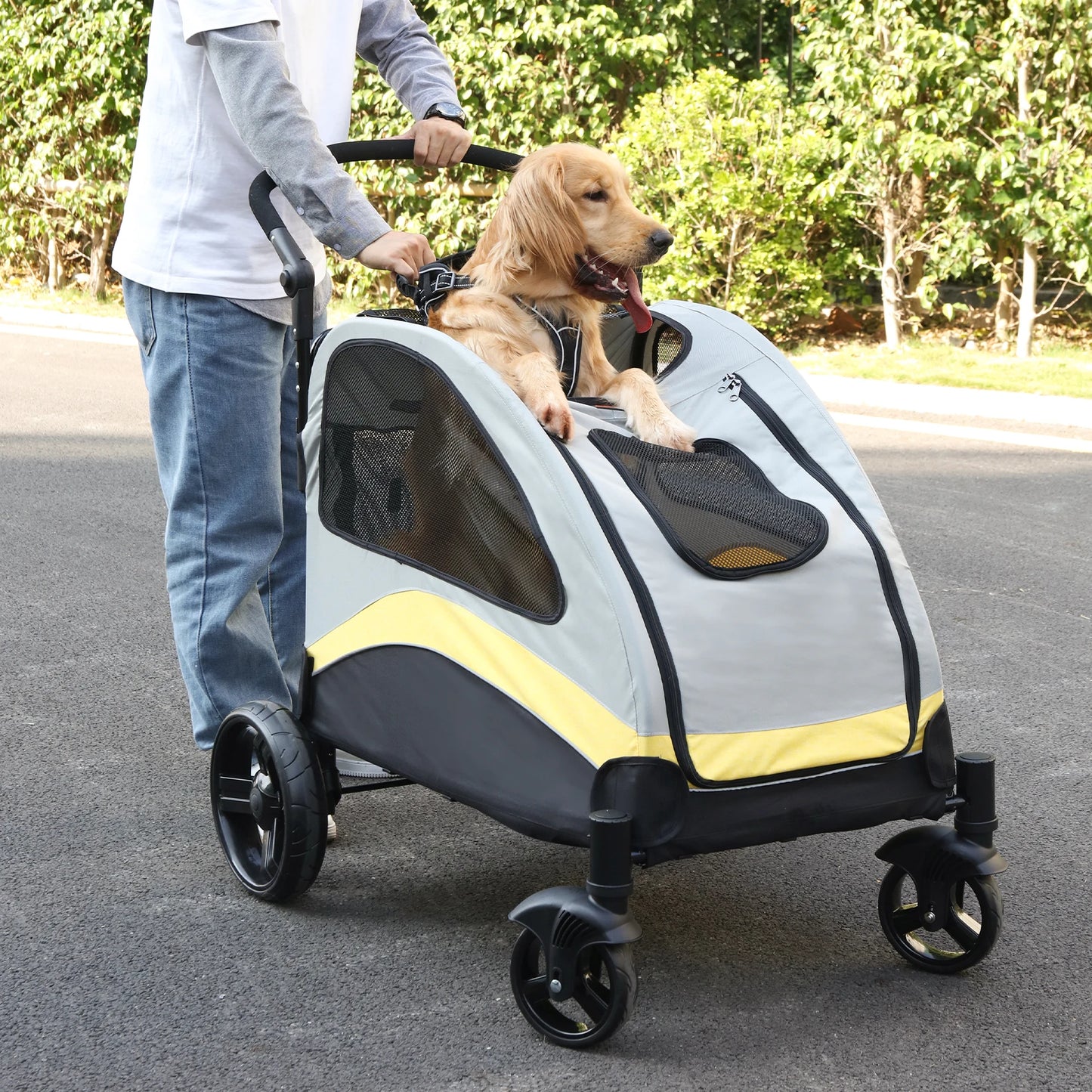 Portable 4-Wheel Dog Stroller – Foldable Pet Carriage for Large Dogs & Cats