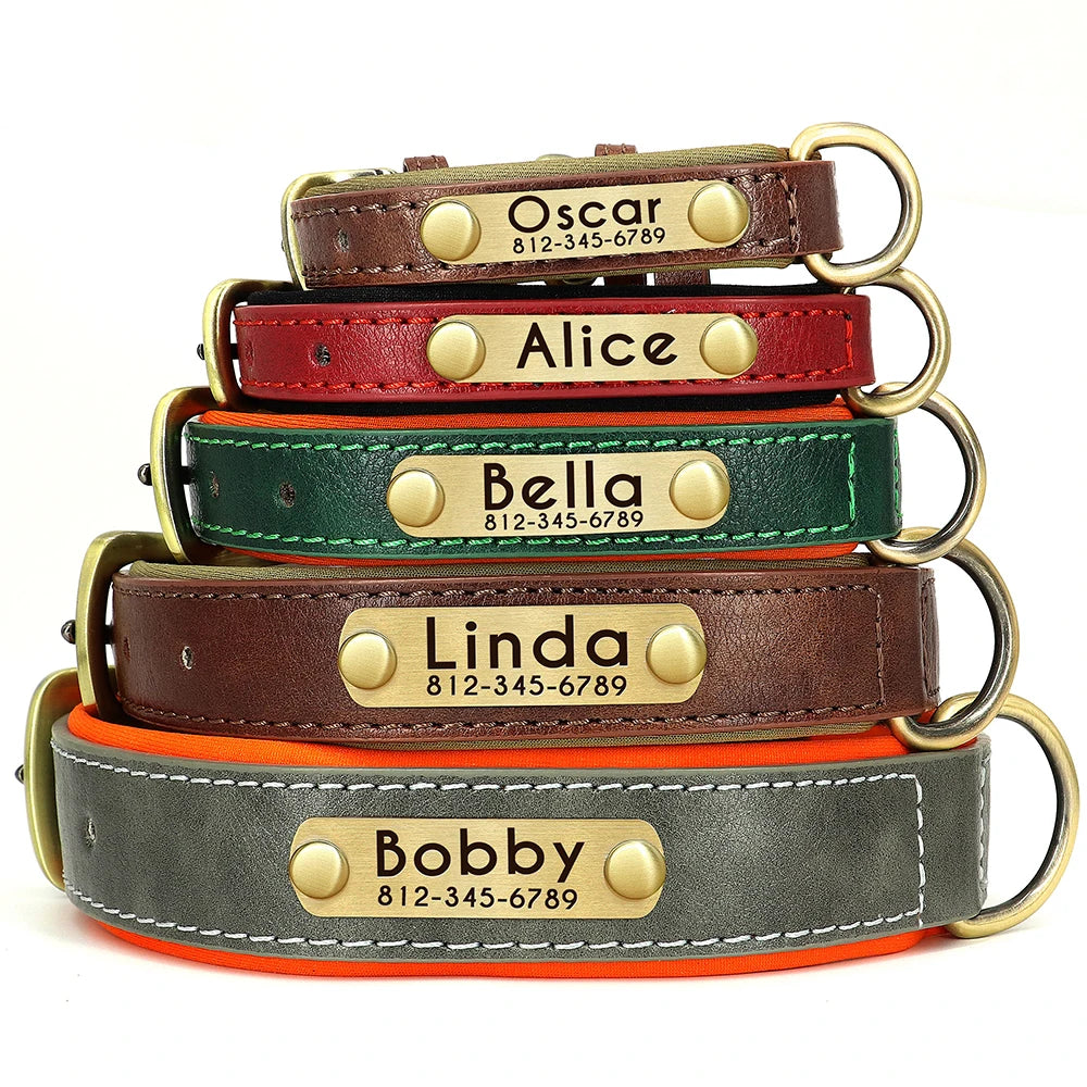 Customized PU Leather Dog Collar – Soft Padded Adjustable Collar with Free Nameplate Engraving for Small, Medium & Large Dogs