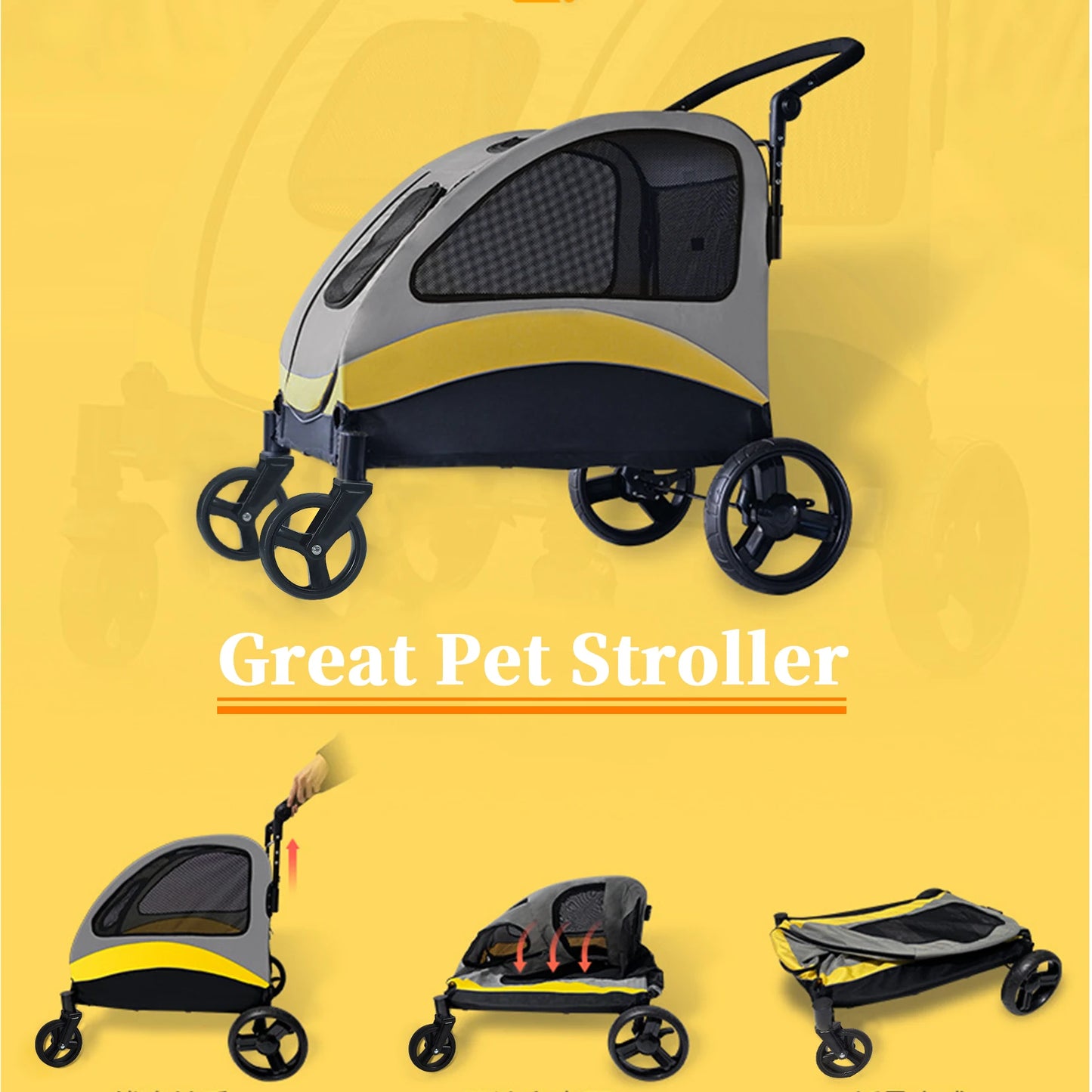 Portable 4-Wheel Dog Stroller – Foldable Pet Carriage for Large Dogs & Cats