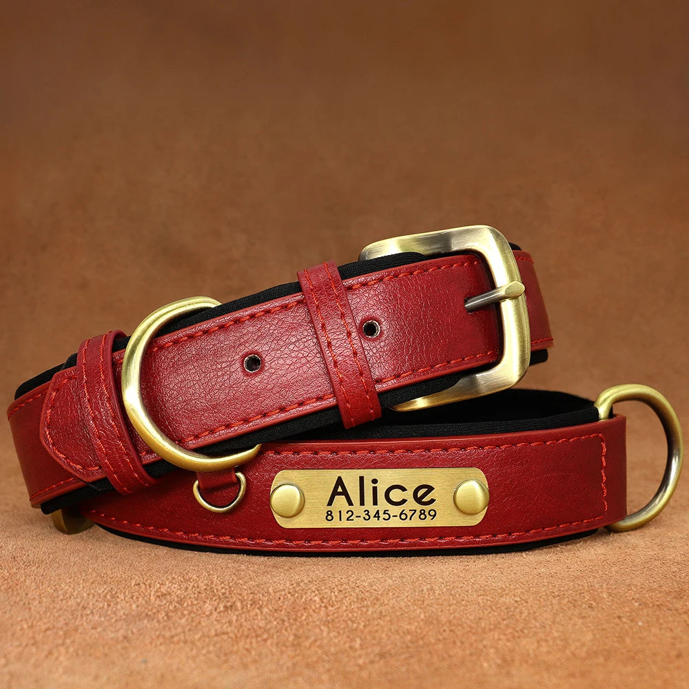 Customized PU Leather Dog Collar – Soft Padded Adjustable Collar with Free Nameplate Engraving for Small, Medium & Large Dogs