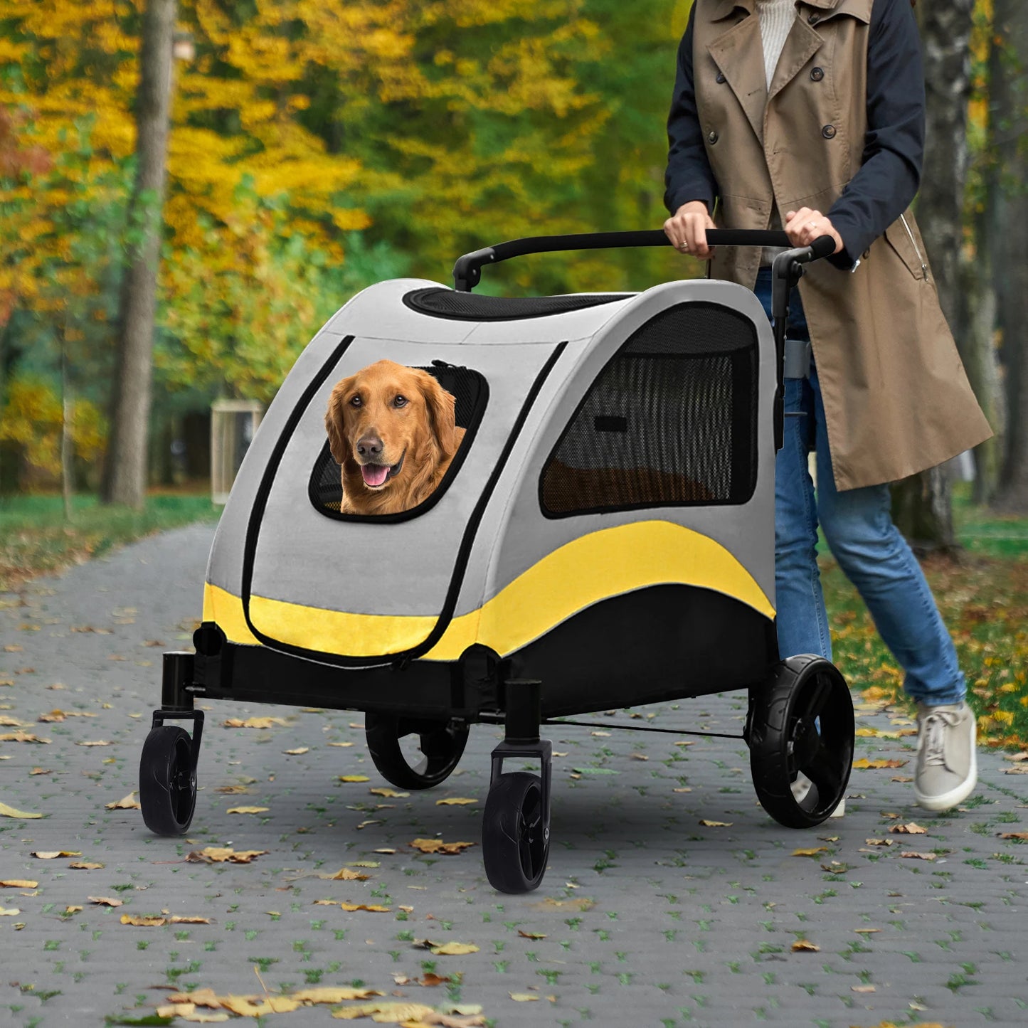Portable 4-Wheel Dog Stroller – Foldable Pet Carriage for Large Dogs & Cats