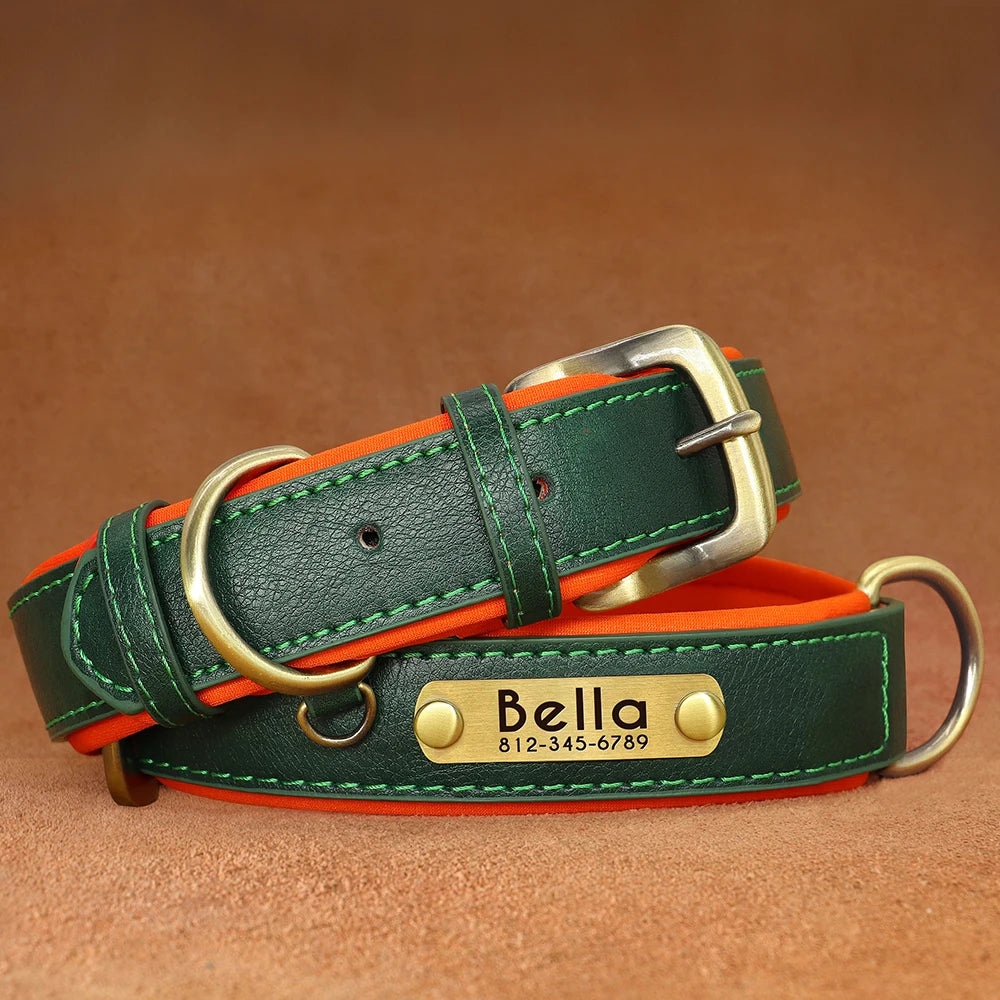 Customized PU Leather Dog Collar – Soft Padded Adjustable Collar with Free Nameplate Engraving for Small, Medium & Large Dogs