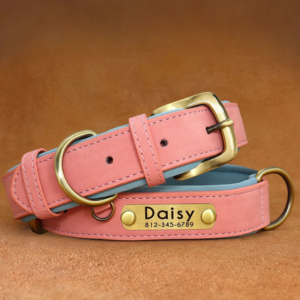Customized PU Leather Dog Collar – Soft Padded Adjustable Collar with Free Nameplate Engraving for Small, Medium & Large Dogs