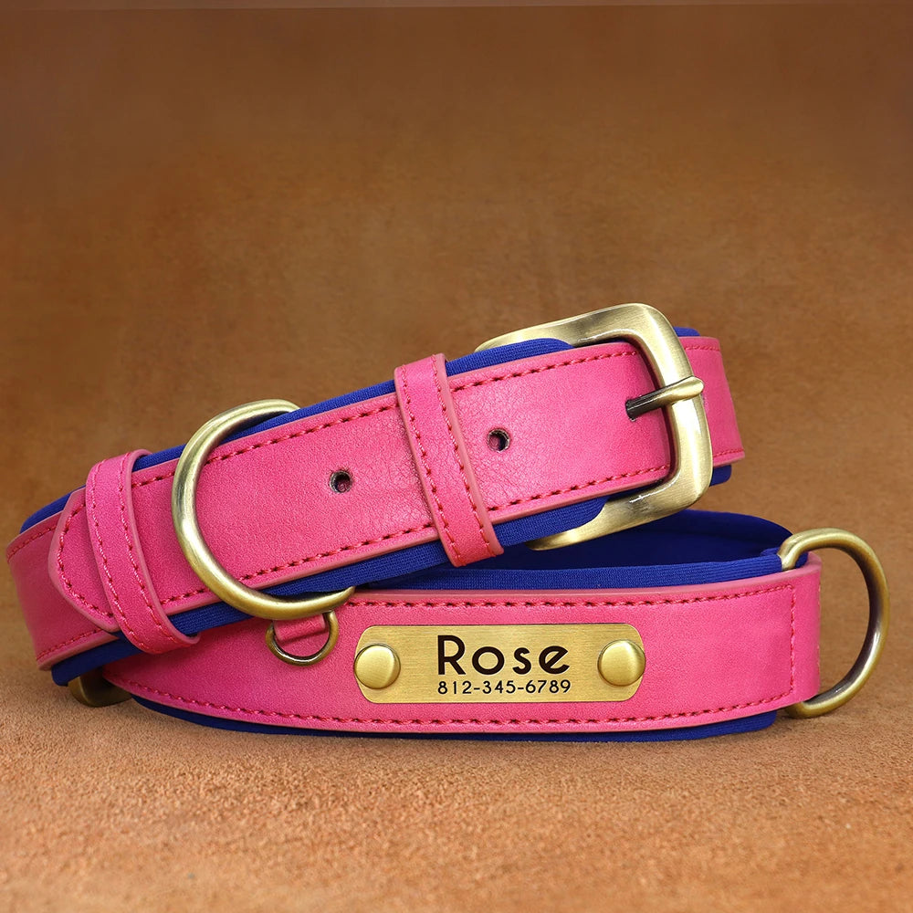Customized PU Leather Dog Collar – Soft Padded Adjustable Collar with Free Nameplate Engraving for Small, Medium & Large Dogs