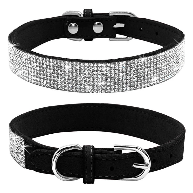 Crystal Rhinestone Dog Collar – Sparkling Leather Collar with Zinc Alloy Buckle for Small & Medium Dogs and Cats