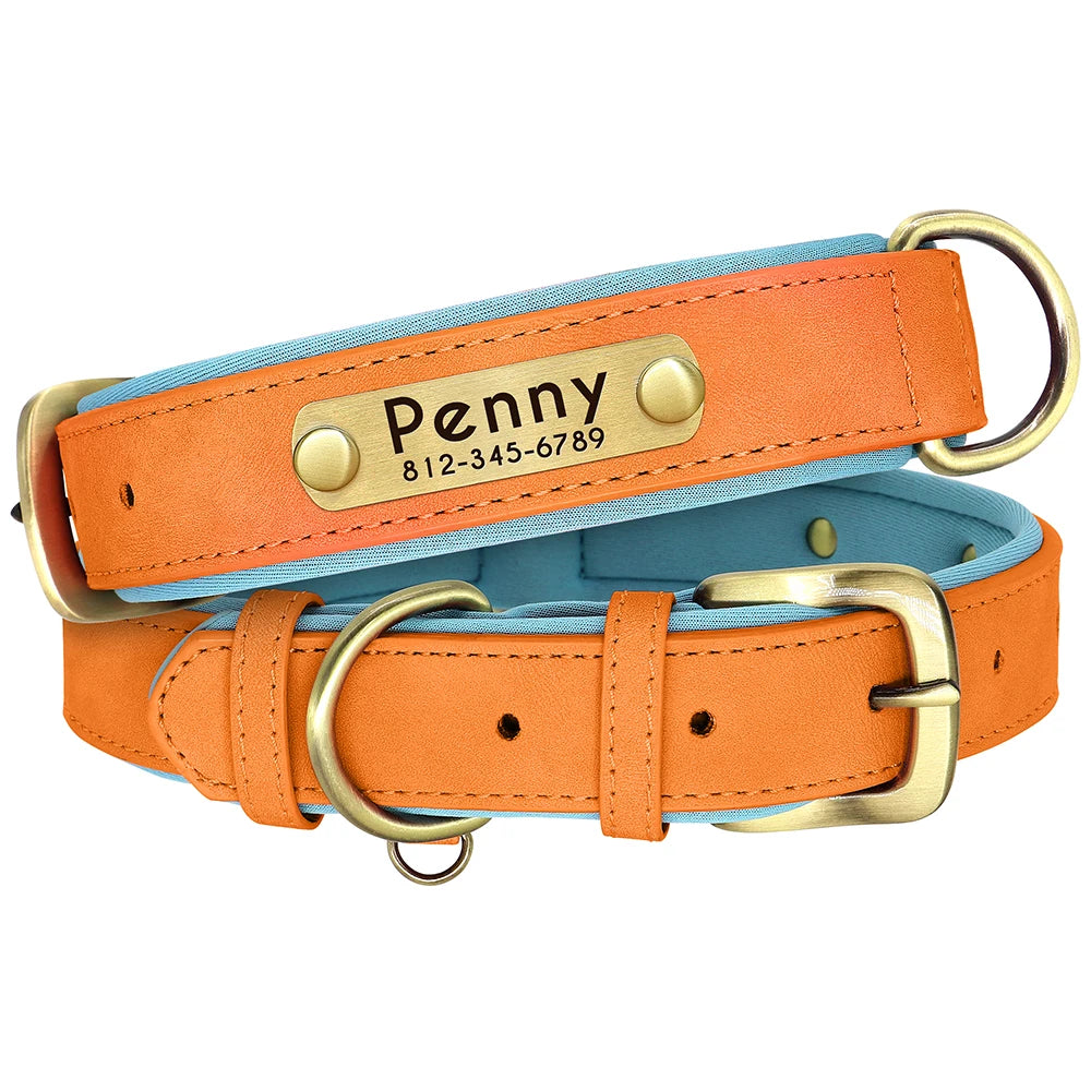 Customized PU Leather Dog Collar – Soft Padded Adjustable Collar with Free Nameplate Engraving for Small, Medium & Large Dogs