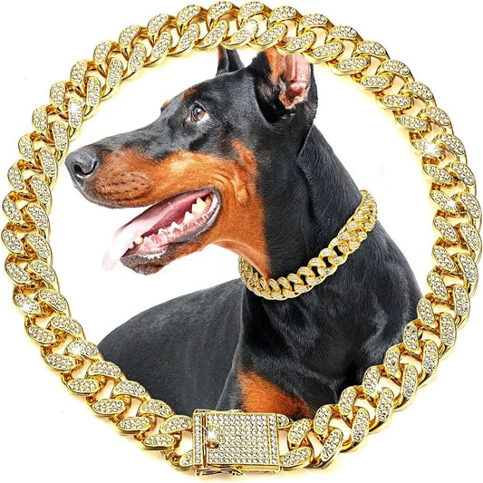 Luxury Gold Dog & Cat Chain Collar – Jeweled Metal Pet Necklace for Small, Medium & Large Pets