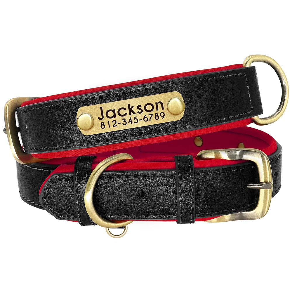 Customized PU Leather Dog Collar – Soft Padded Adjustable Collar with Free Nameplate Engraving for Small, Medium & Large Dogs