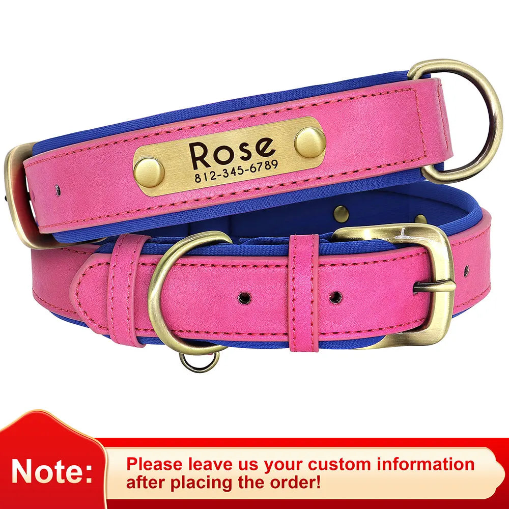 Customized PU Leather Dog Collar – Soft Padded Adjustable Collar with Free Nameplate Engraving for Small, Medium & Large Dogs
