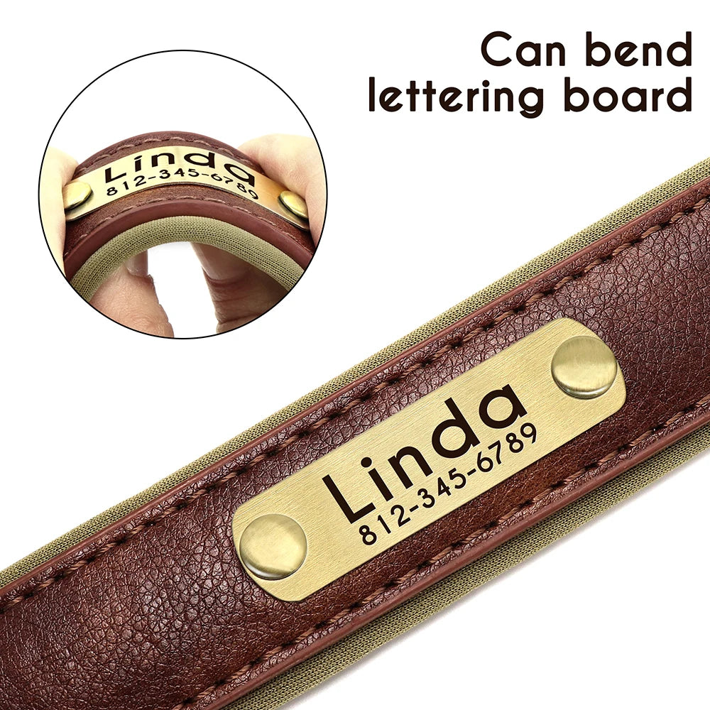 Customized PU Leather Dog Collar – Soft Padded Adjustable Collar with Free Nameplate Engraving for Small, Medium & Large Dogs