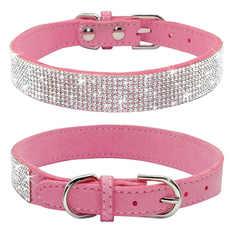 Crystal Rhinestone Dog Collar – Sparkling Leather Collar with Zinc Alloy Buckle for Small & Medium Dogs and Cats